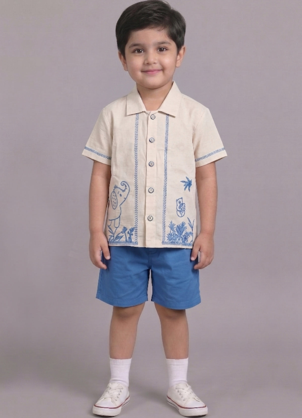 Mars Infiniti Boys Embroided Half Sleeves Shirt and Half Pant Set (Beige,Blue)