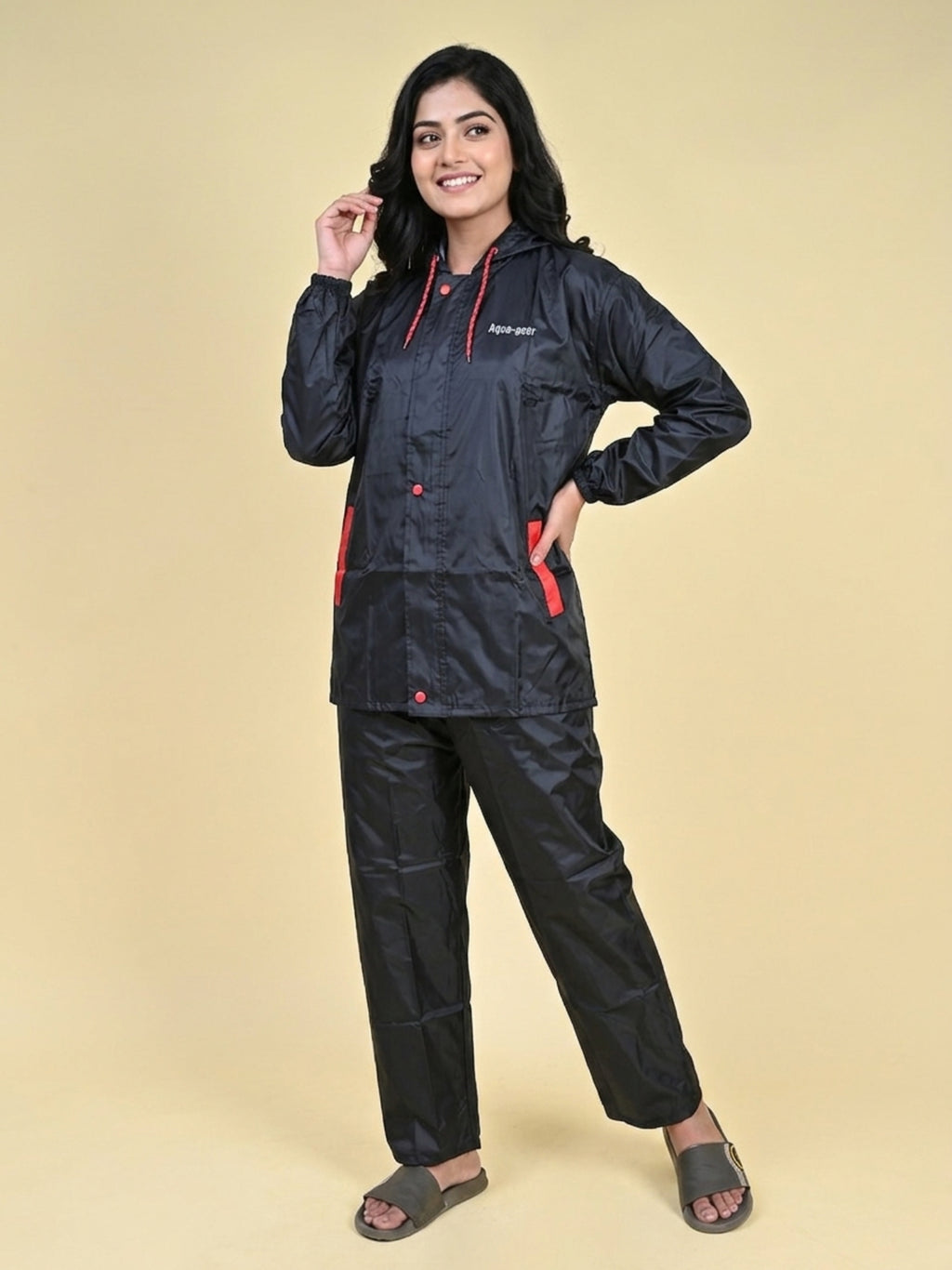 Mars Infiniti Solid Polyester Women Water Resistant Suit and Pant Set (Black)