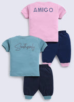 Mars Infiniti Boys & Girls Casual T-shirt Three Fourth Pant (Teal, Baby Pink)