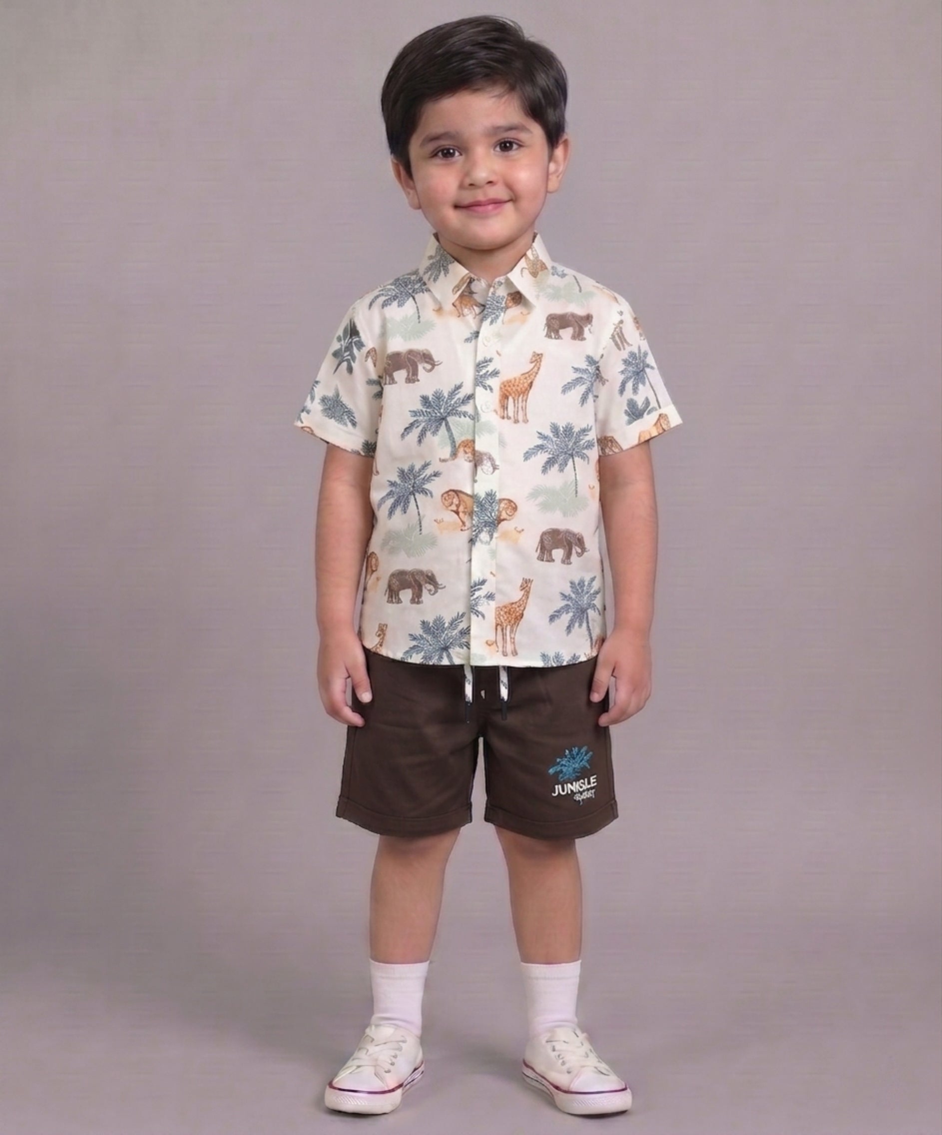 Mars Infiniti Boys All Over Printed Half Sleeves Shirt and Half Pant Set|Summerwear|Brown, White|Pure Cotton