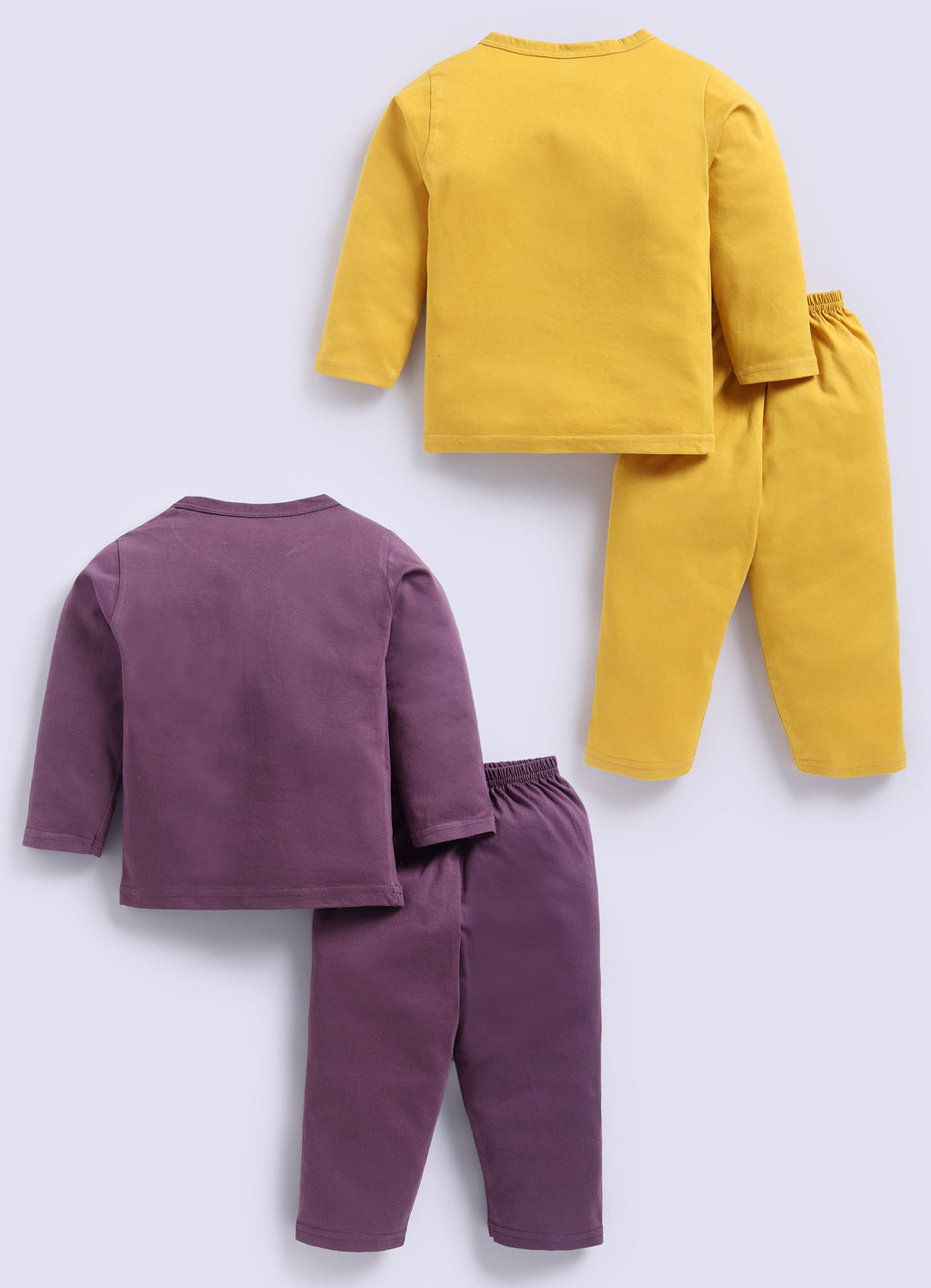 Mars Infiniti Pure Cotton Full Sleeves Front Open Tshirt and Full Pant for Infants (Pack of 2) Purple, Mustard