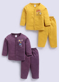 Mars Infiniti Pure Cotton Full Sleeves Front Open Tshirt and Full Pant for Infants (Pack of 2) Purple, Mustard