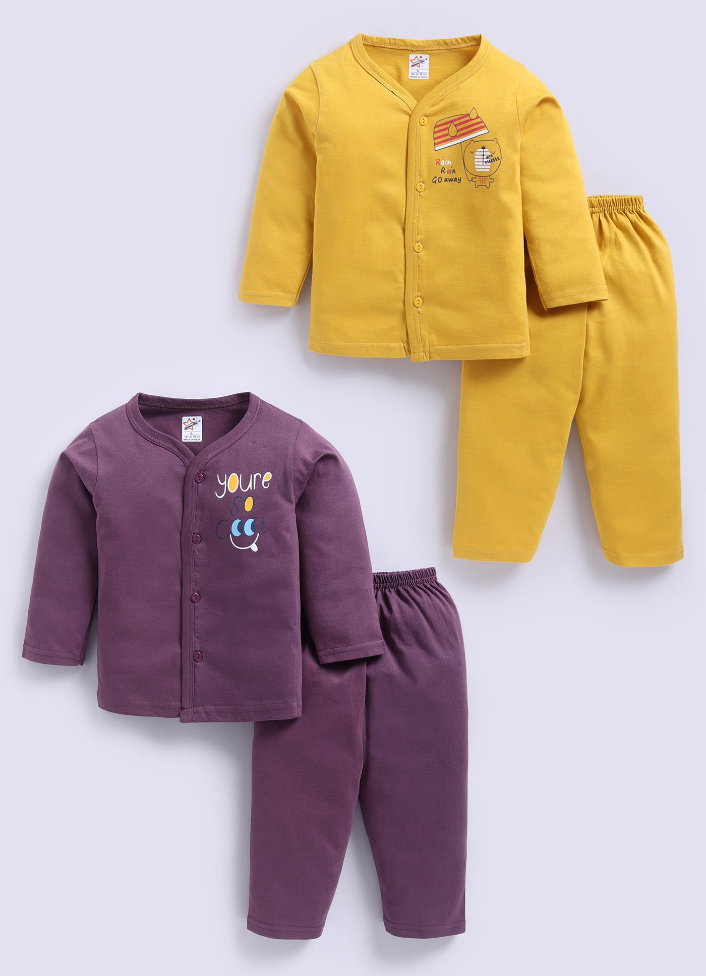 Mars Infiniti Pure Cotton Full Sleeves Front Open Tshirt and Full Pant for Infants (Pack of 2) Purple, Mustard