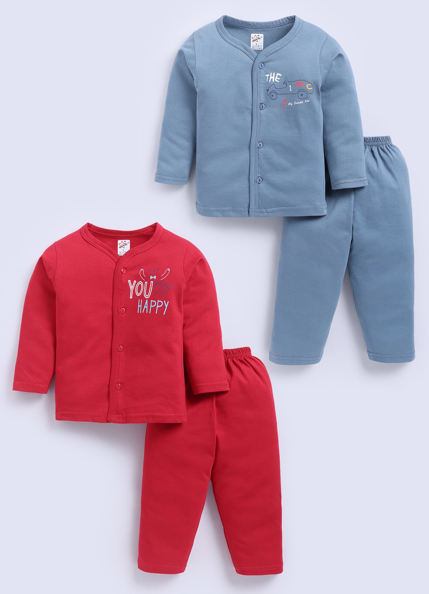 Mars Infiniti Pure Cotton Full Sleeves Front Open Tshirt and Full Pant for Infants (Pack of 2) Red, Stone Blue