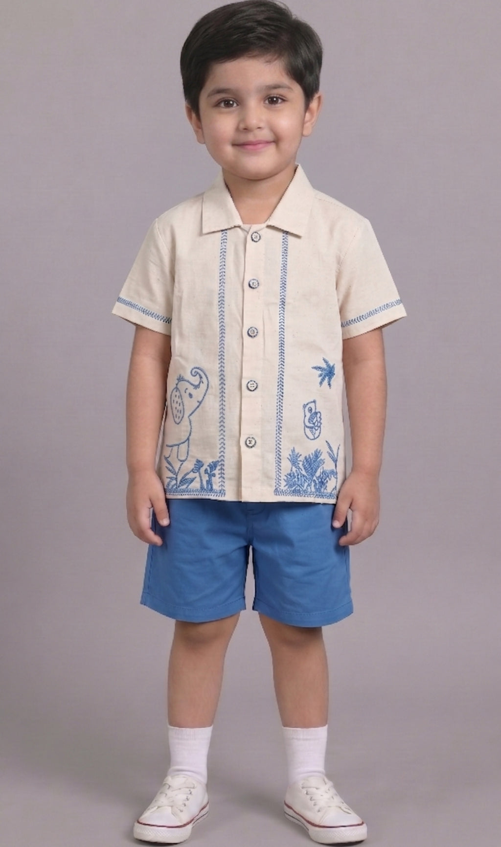 Mars Infiniti Boys Embroided Half Sleeves Shirt and Half Pant Set (Beige,Blue)