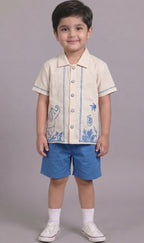 Mars Infiniti Boys Embroided Half Sleeves Shirt and Half Pant Set (Beige,Blue)