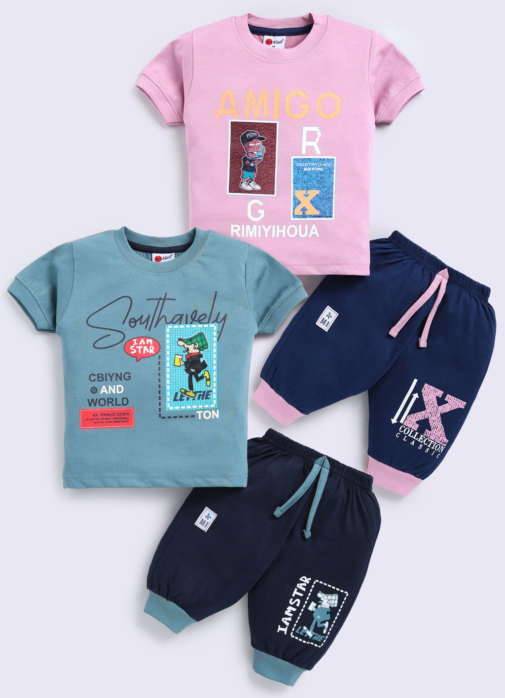 Mars Infiniti Boys & Girls Casual T-shirt Three Fourth Pant (Teal, Baby Pink)