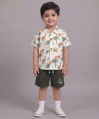 Mars Infiniti Boys All Over Printed Half Sleeves Shirt and Half Pant Set(Green, White)