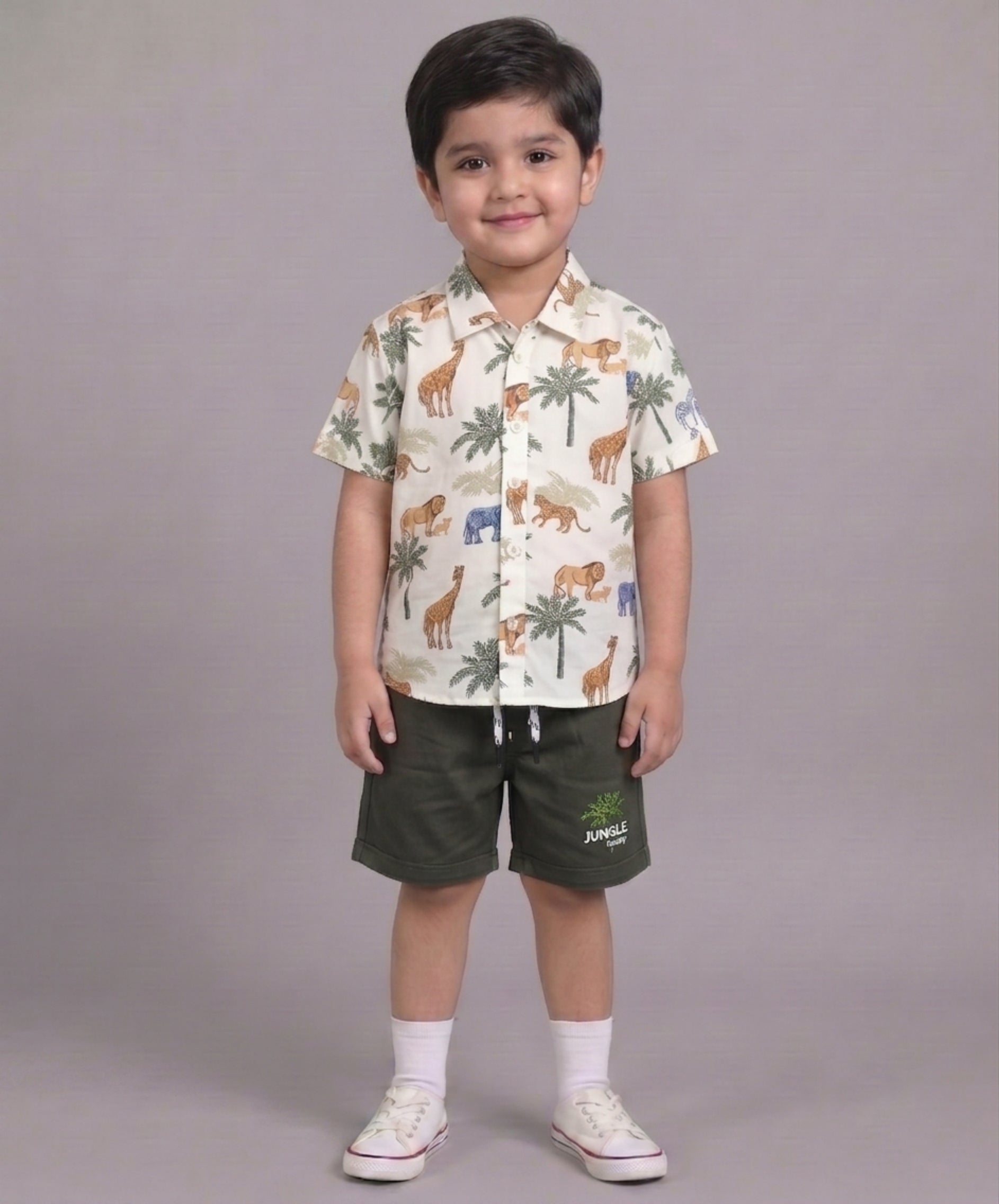 Mars Infiniti Boys All Over Printed Half Sleeves Shirt and Half Pant Set|Summerwear|Green, White|Pure Cotton