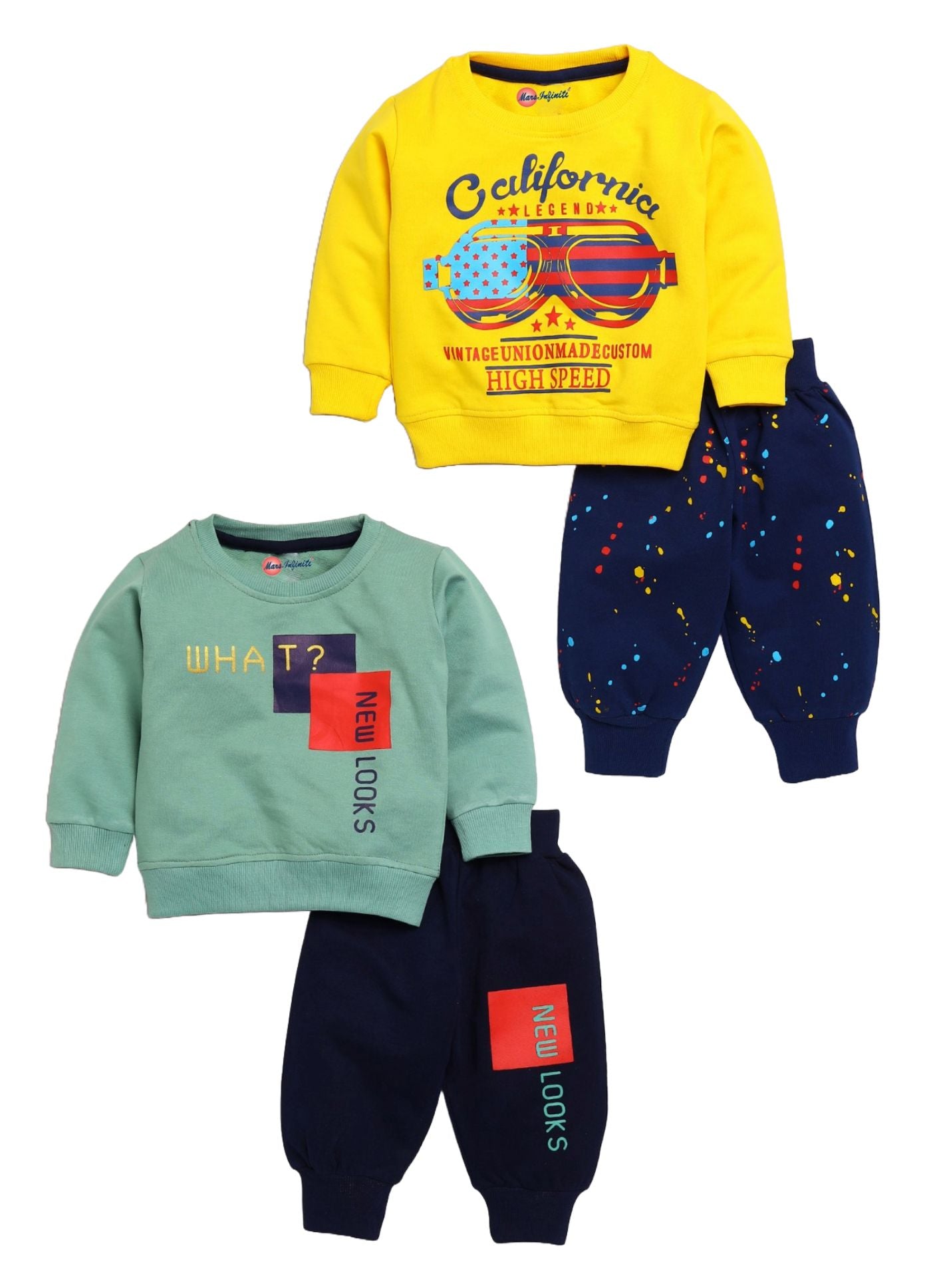Mars Infiniti Full Sleeve Roundneck Sweatshirt and Track Pant Set for Boys and Girls (Deep Green, Yellow), Pack of 2