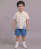 Mars Infiniti Boys Embroided Half Sleeves Shirt and Half Pant Set (Beige,Blue)