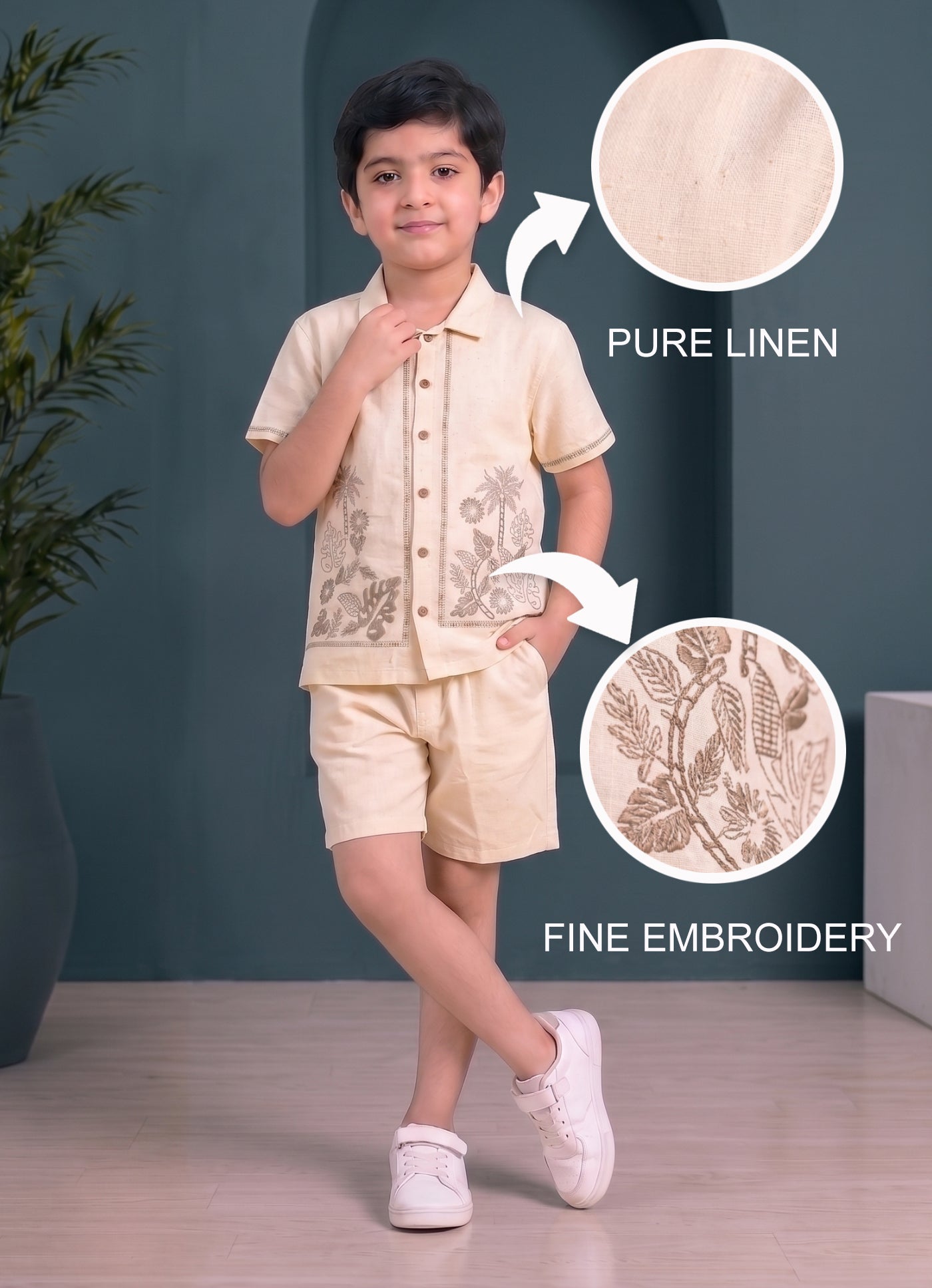Mars Infiniti Boys Embroided Half Sleeves Shirt and Half Pant Set (Beige)