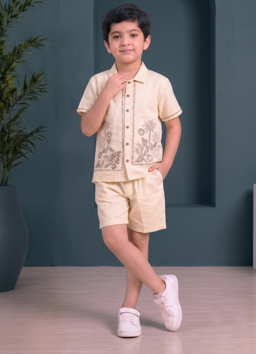 Mars Infiniti Boys Embroided Half Sleeves Shirt and Half Pant Set (Beige)