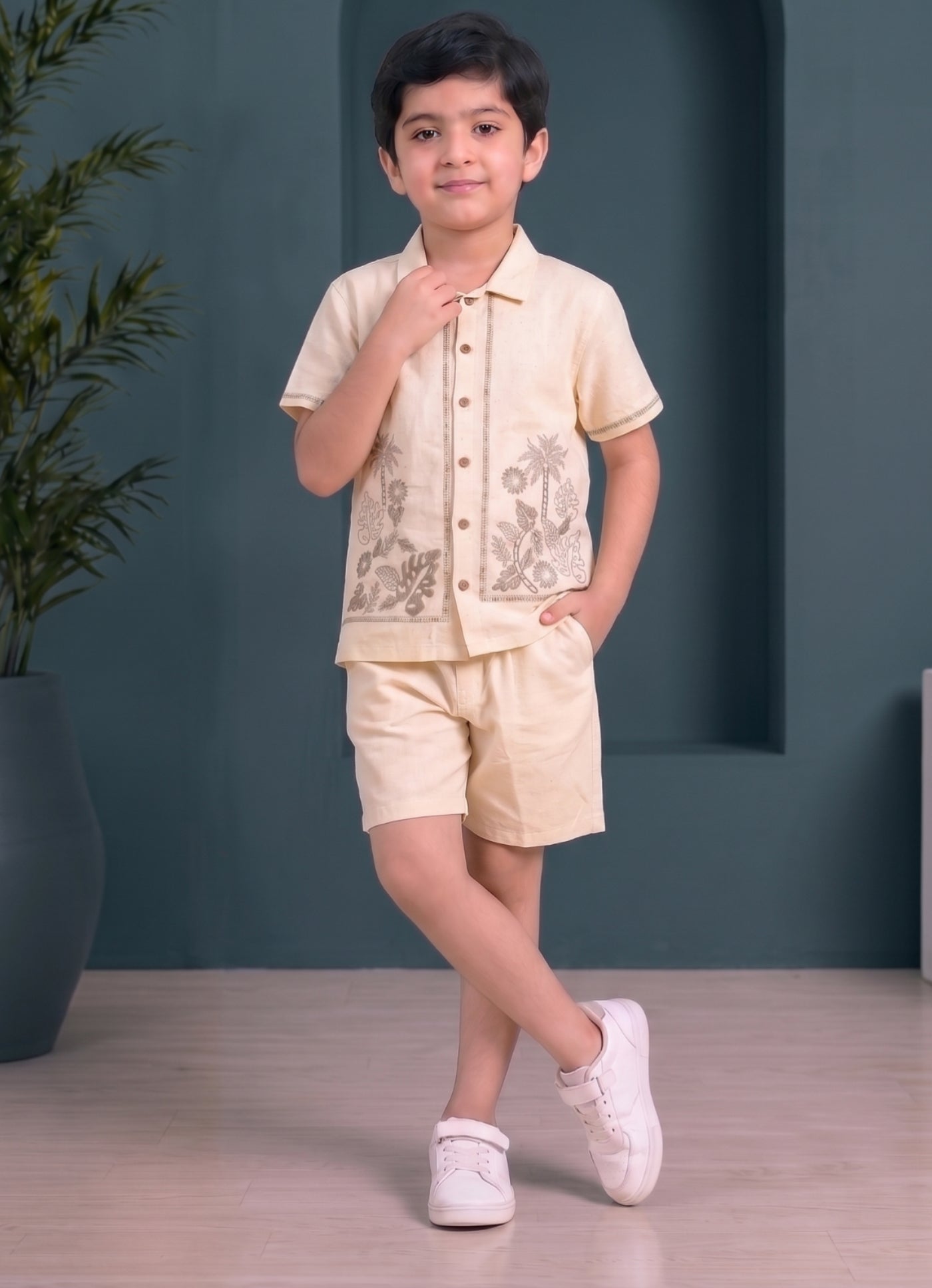 Mars Infiniti Boys Embroided Half Sleeves Shirt and Half Pant Set (Beige)