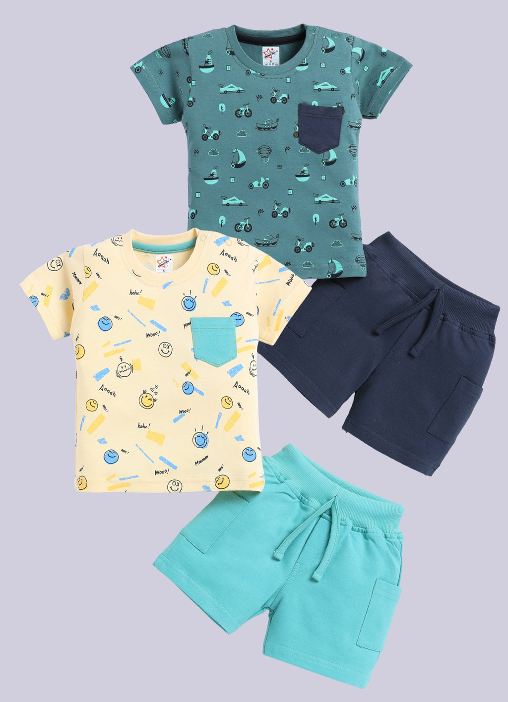 Mars Infiniti Pure Cotton Shoulder Button T-Shirt and Half Pant Set for Baby Boys|Infant tshirt and half pant set| Coordinated Set for Unisex kids|Pack of 2| Teal Green, Yellow